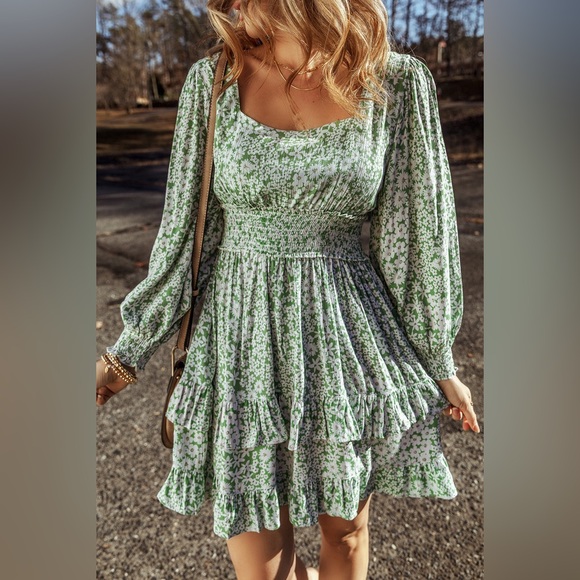 Green Floral Print Square Neck Shirred
Waist Tiered Ruffled Mini Dress Bohemian - Picture 2 of 12